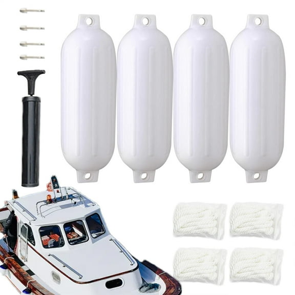 4 Pack Boat Fenders 10X30 Inches, Inflatable Dock Bumpers with Attached Ropes, Pontoon Bass Boat Gear(White)