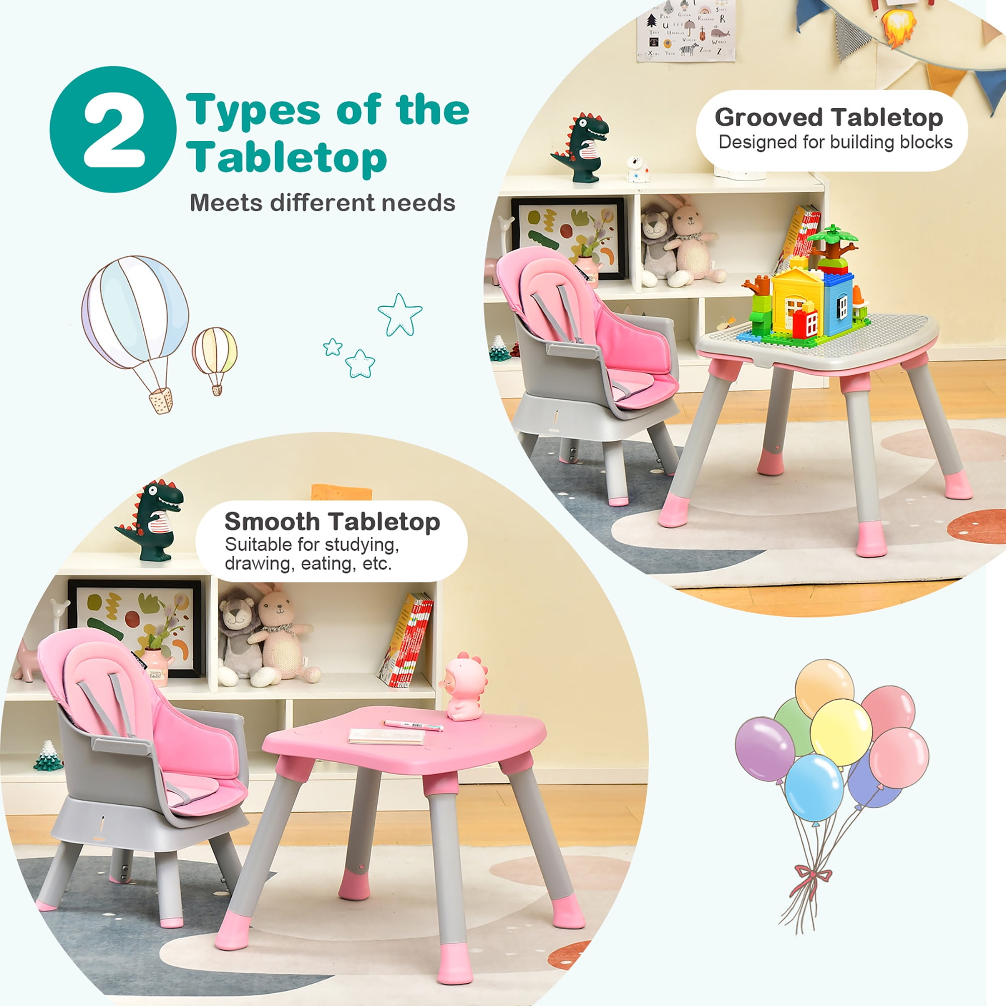 Costway 8-in-1 Baby High Chair Convertible Dining Booster Seat w/ Removable Tray Pink