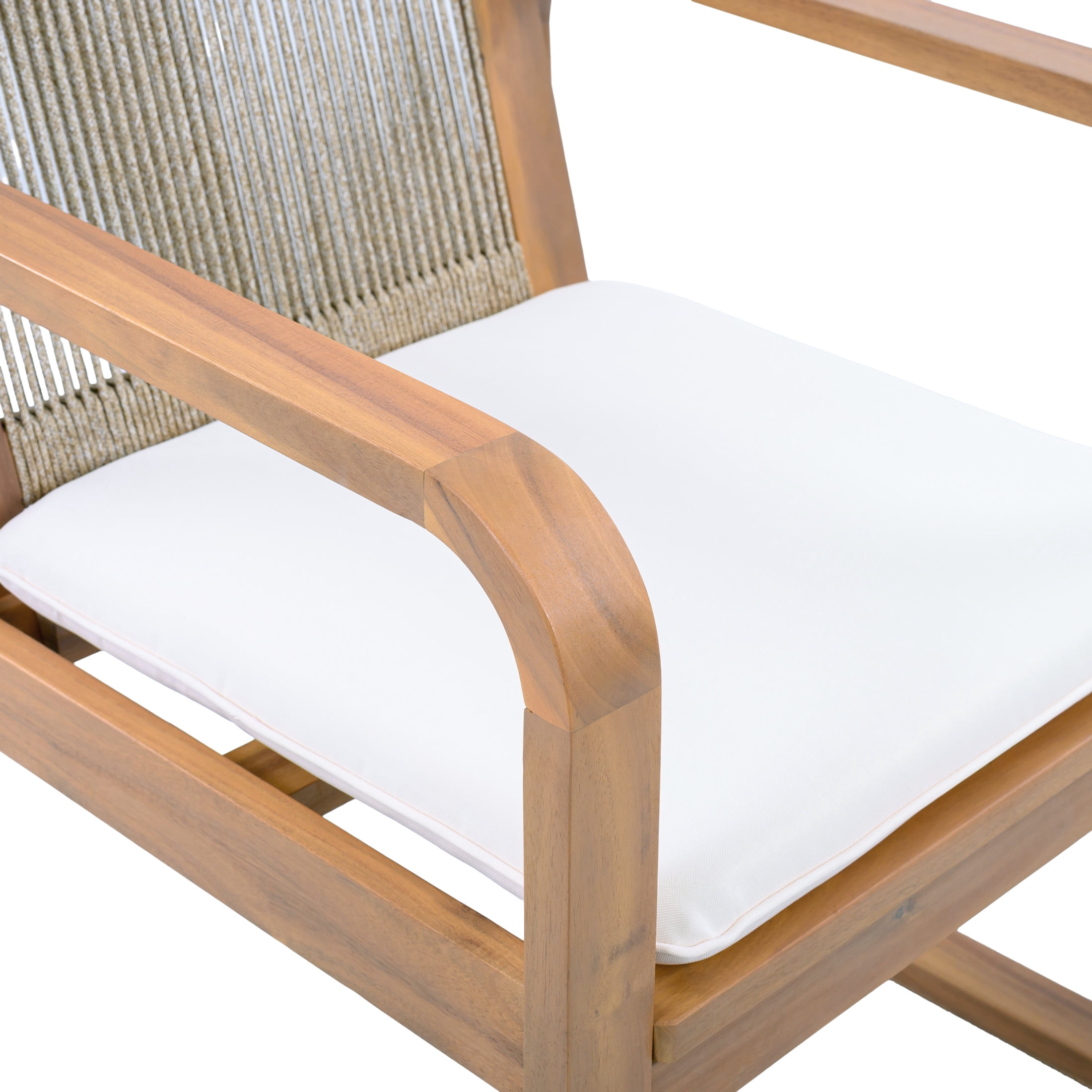 Christopher Knight Home Outdoor Light Teak Wood Dining Chairs with Beige Cushions, Rope Back, Set of 4