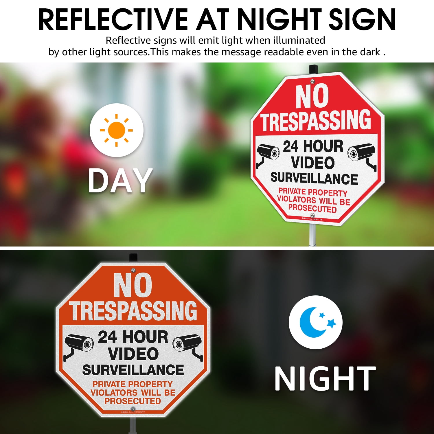 Faittoo No Trespassing Signs Private Property with 42" Stake for Outside, 10"x10" Video Surveillance Sign, Rust Free Reflective Aluminum