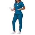 thumbnail image 2 of DENGDENG Purple Scrubs for Women Set 4 Way Stretch Nurse Uniform Short Sleeve V-Neck Scrub Top Jogger Pants Workwear Nursing Trendy Scrubs Set with Multi Pocket,Blue L, 2 of 5