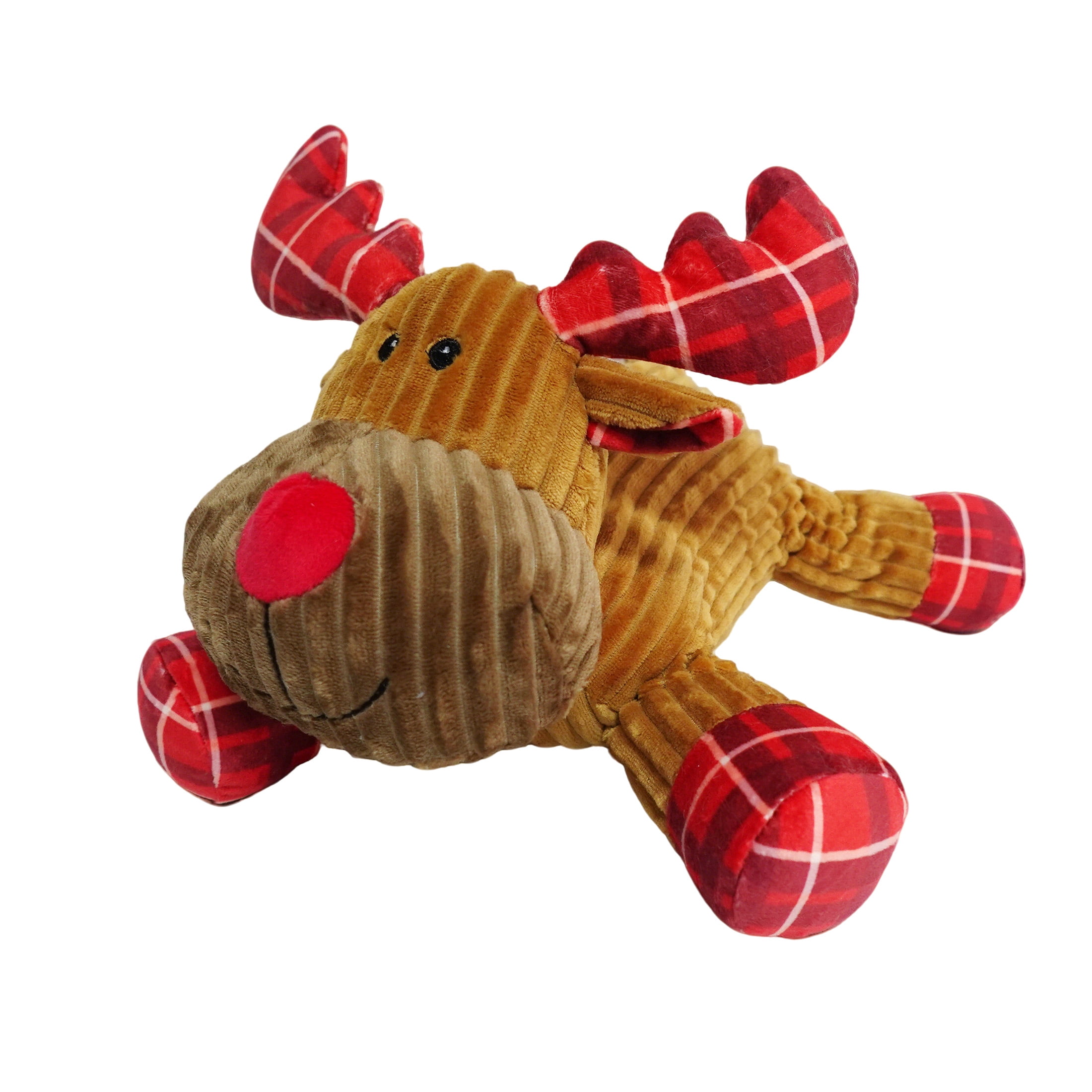 Vibrant Life Holiday Plaid Reindeer Plush Dog Toy with Squeaker, Brown and Red, Chew Level 3