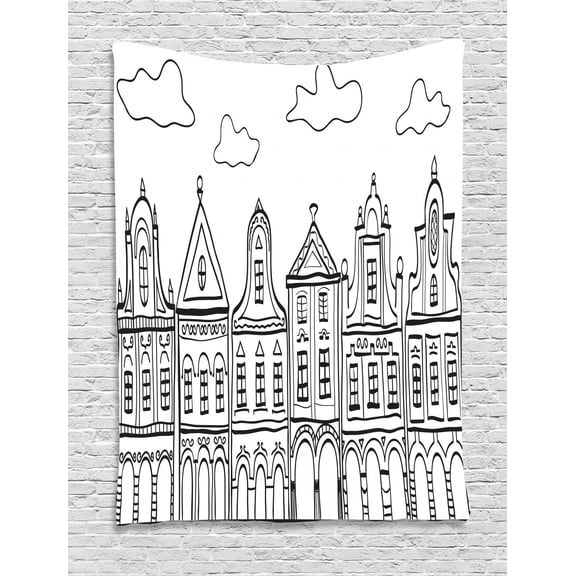 Amsterdam Tapestry, Doodle Monochrome Illustration of Old Composition Village Houses in Holland, Wall Hanging for Bedroom Living Room Dorm Decor, 40W X 60L Inches, Black and White, by Ambesonne