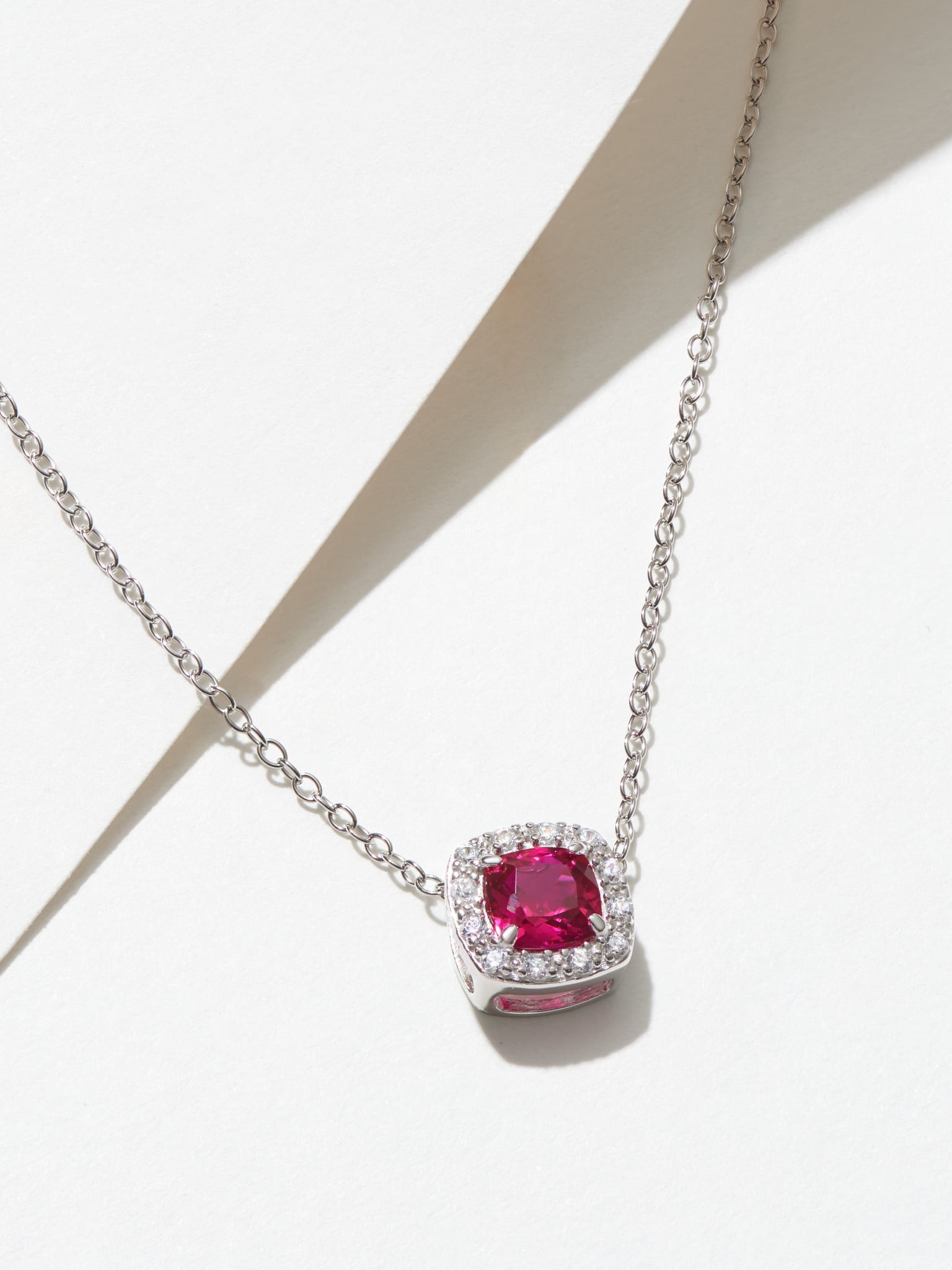 Forever Facets Silver Created Ruby and CZ Necklace in Sterling Silver, Adult Female
