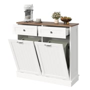 KIGOTY Dual Kitchen Trash Cabinet, Double Tilt Out Trash Can Cabinet with Countertop and Drawer, Free-Standing Pet Proof Recycling Cabinet Garbage Can Holder, Wood (White)