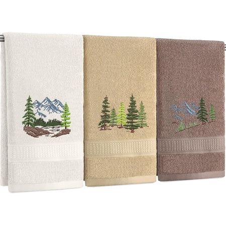 3 count Mountain Hand Towels Farmhouse Decorative Bathroom Towels Set 13.3 x 29.5'' Rustic Pine Trees Country Cabin Lake House Forest Embroidered for Bathroom Kitchen Decor