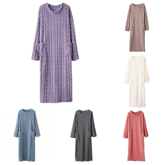Hkoxplj Women's Thick Cable Knit Coral Fleece Long Nightgown Long Sleeve Warm Winter Sleepwear Soft Knee Length Lounge Dress with Pockets Plus Size for Cold Nights Cozy Gift