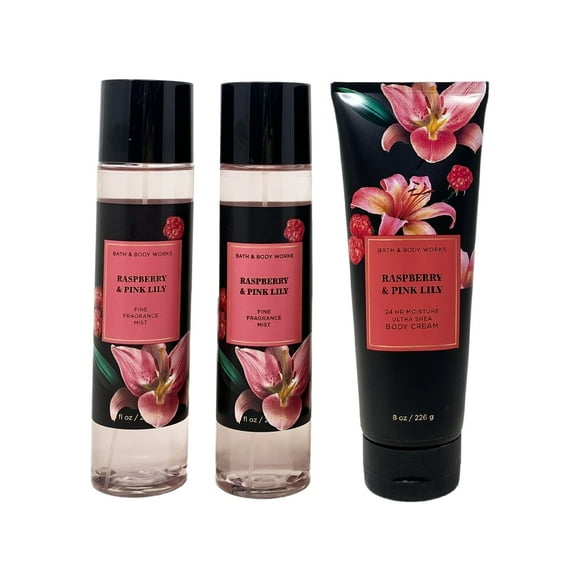 Bath and Body Works Raspberry & Pink Lily 3 Piece Bundle - 2 Fragrance Mists and Body Cream - Full Size