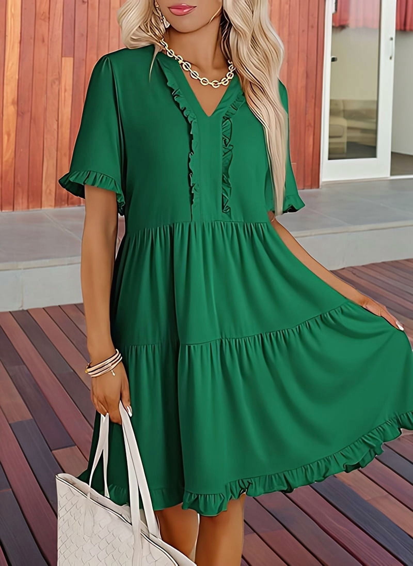 Womens Dresses 2025 Summer Spring V Neck Short Sleeve Casual A Line Flowy Swing Shift Dress Mini Dress Green XXL