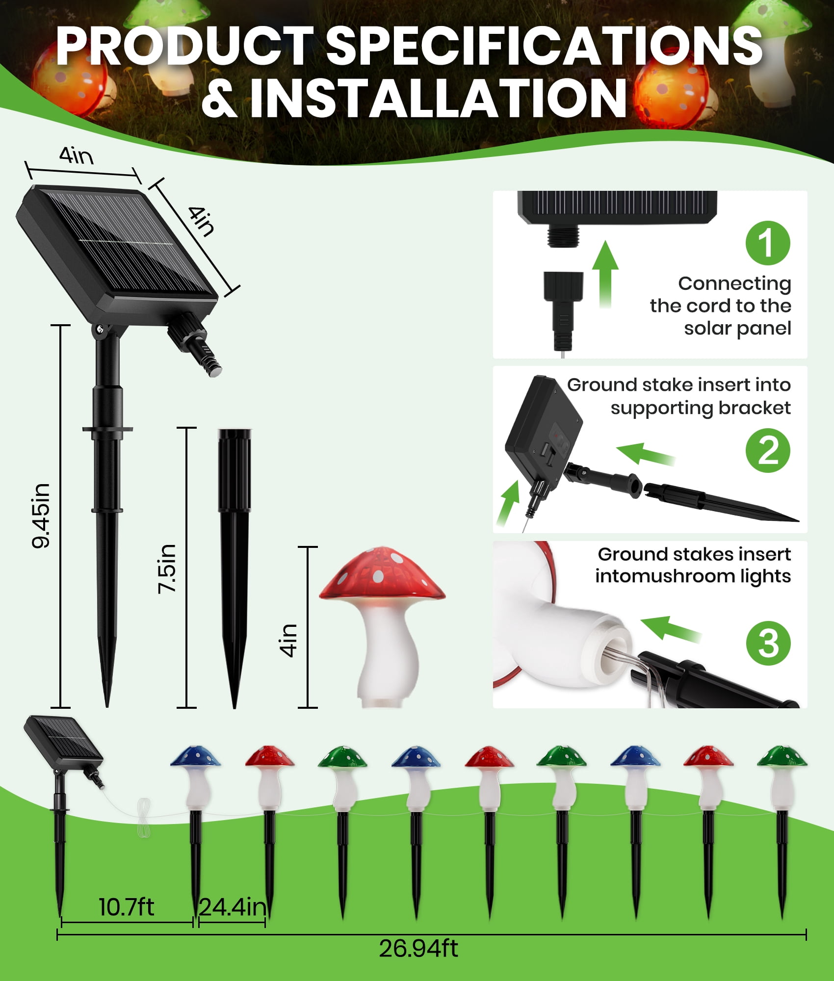BITPOTT Solar Mushroom Lights Outdoor Multicolor IP65 Waterproof 8 Modes 9 Pack 30FT