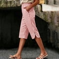 thumbnail image 2 of hoksml Women's Striped Elastic Waist Capri Pants - Cotton Linen Blend with Side Slits and Pockets, 2 of 9