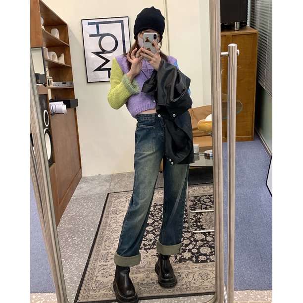 Pantalones vaqueros de estilo coreano para mujer, Jeans de nicho con piernas anchas, pantalones largos de cintura alta, moda urbana informal, nuevo
