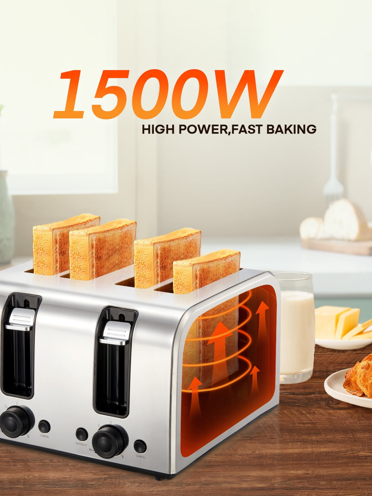 4 Slice Toaster, 1500W Extra-Wide Slot Toaster, for Bagel, Bread, Waffle, with 6 Shade Settings, Dual Independent Control Panel, Reheat/Defrost/Cancel Functions, Stainless Steel Sliver