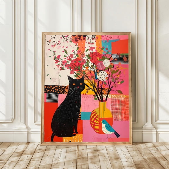 Bohemian Black Cat Floral Print, Maximalist Colorful Wall Art Home Decor #1113, Unframed Poster Size 8x12