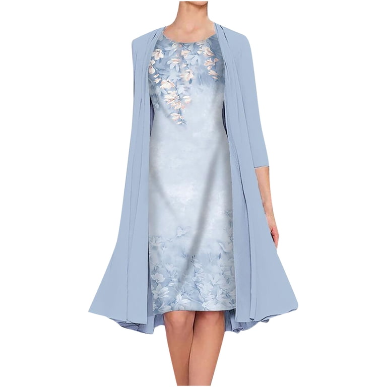 chiffon sleeves for sleeveless dress TMOYZQ Women's Chiffon Sleeveless Sundress Long Sleeve Cardigan Plus Size  2PC Set Crew Neck Flower Printed Summer Casual Dress Wedding Guest Dress