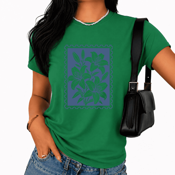 Cozymy Retro Floral Stamp T-Shirt for Women - White Lily Line Art Graphic Tee