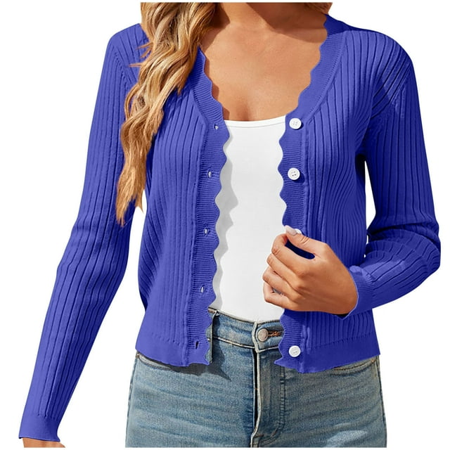 Lightweight Knit Cardigans Sweater Womens Long Sleeve Fall Button Down Ribbed Sweaters Casual Loose Fashion Tops Blue, L