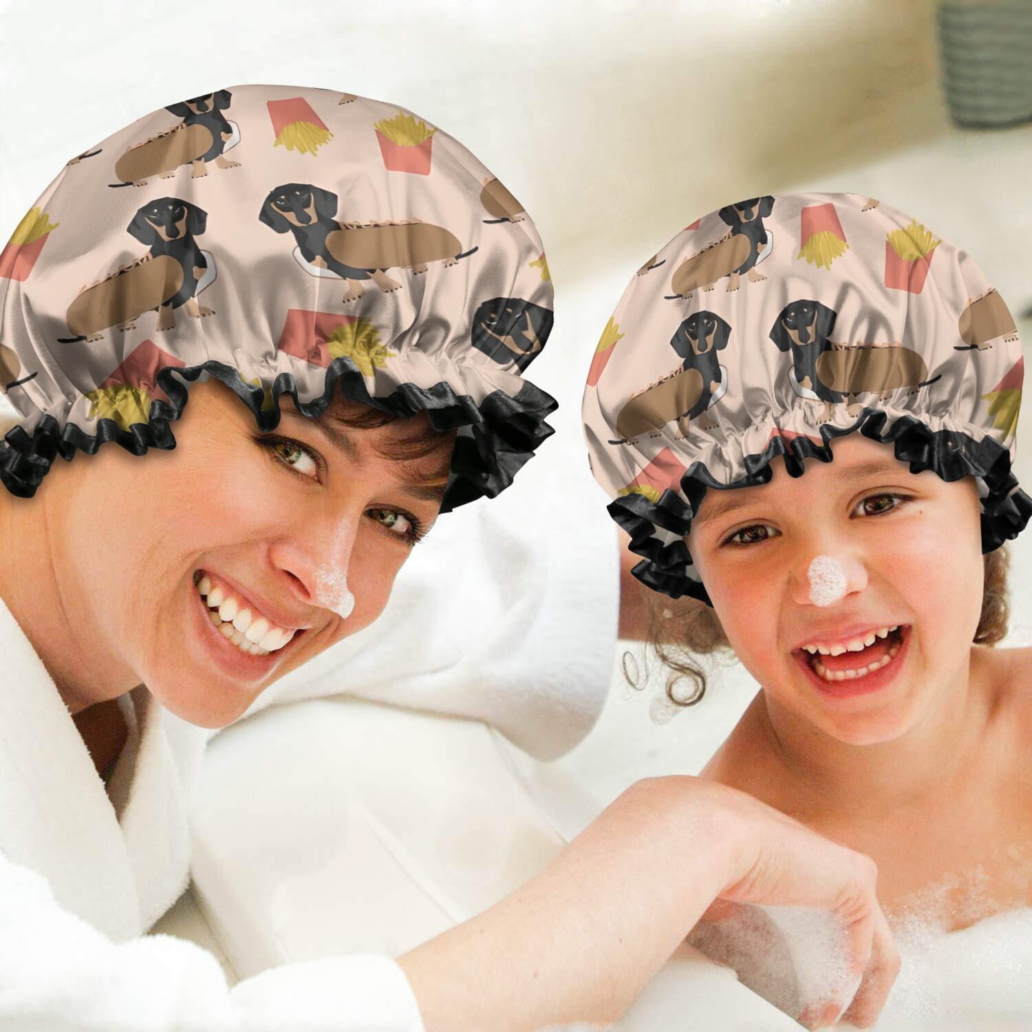 Shower Caps,Dachshund Hotdog Fries Waterproof Shower Cap for Women 4 Pieces,Double Reusable Hair Cover for Shower PEVA Elastic Stretch Hem