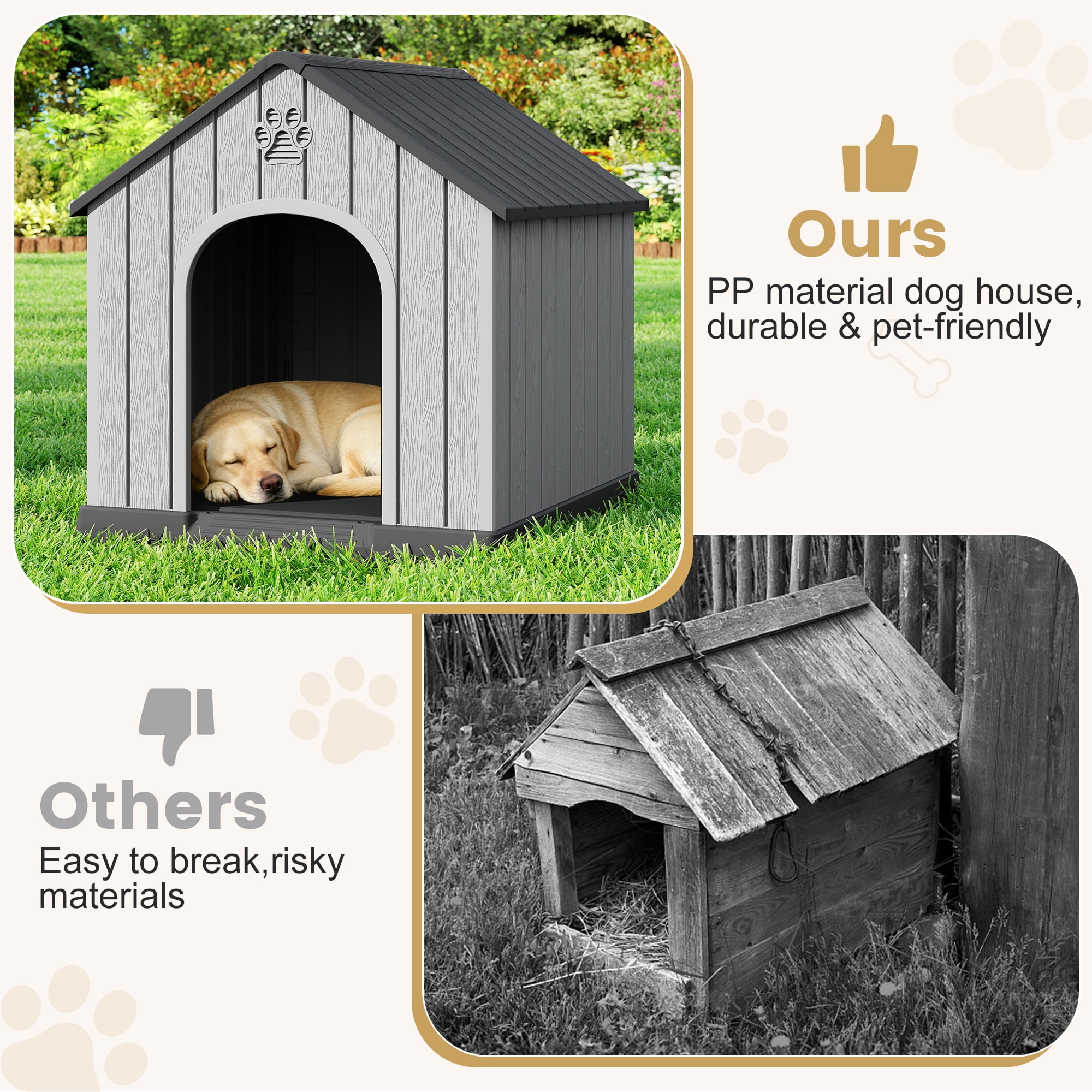 Bifanuo Large Dog House, PP Material Indoor Outdoor with Windows for Medium Large Dogs, Weatherproof Puppy Shelter with Elevated Floor & Air Vents, Easy Clean and Assemble (Black, 36.2"L×38"W×38"H)