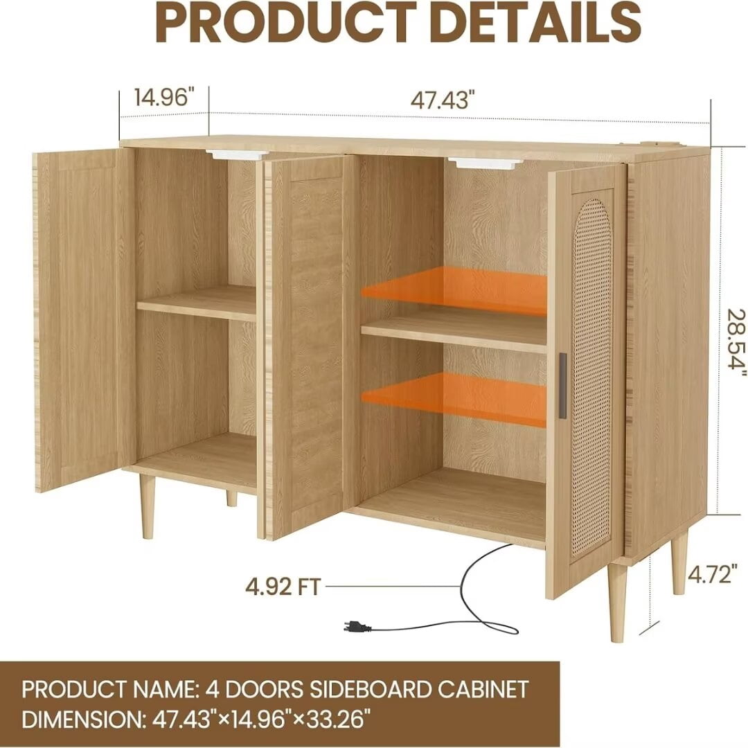 Sideboard Buffet Rattan Cabinet, Accent Storage Cabinet, Boho Large Kitchen Storage Cabinet with Power Outlet, Adjustable Shelves for Living Room, Hallway, Entryway