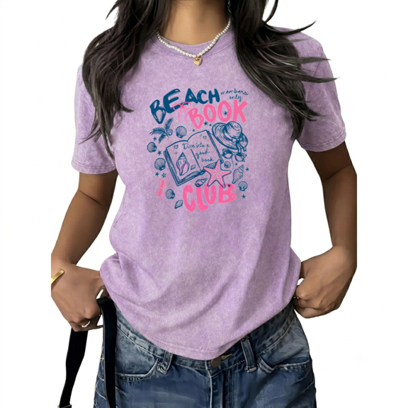 UNISHE Women's Vintage Washed Beach Book Club T-Shirt Retro Summer Graphic Tee Casual Vacation Outfit