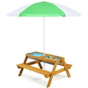 4 in 1 Kids Picnic Table, Wooden Sand & Water Tables with Removable Umbrella, 2 Play Boxes & Removable Top, Kids Outdoor Tables & Chair Set, Indoor Toddler Picnic Table for Backyard (Natural)
