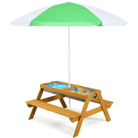 4 in 1 Kids Picnic Table, Wooden Sand & Water Tables with Removable Umbrella, 2 Play Boxes & Removable Top, Kids Outdoor Tables & Chair Set, Indoor Toddler Picnic Table for Backyard (Natural)