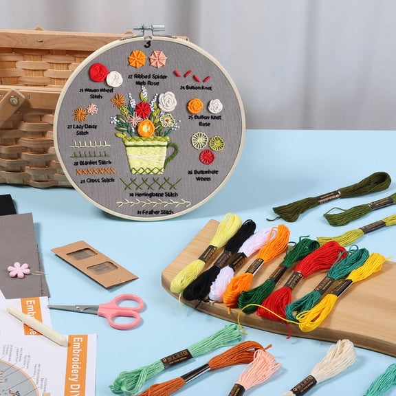 Embroidery Kit for Beginner and Adult with Video Tutorial DIY Starter Kit with 3 Stamped Pattern Hoop Thread Needle and Instruction