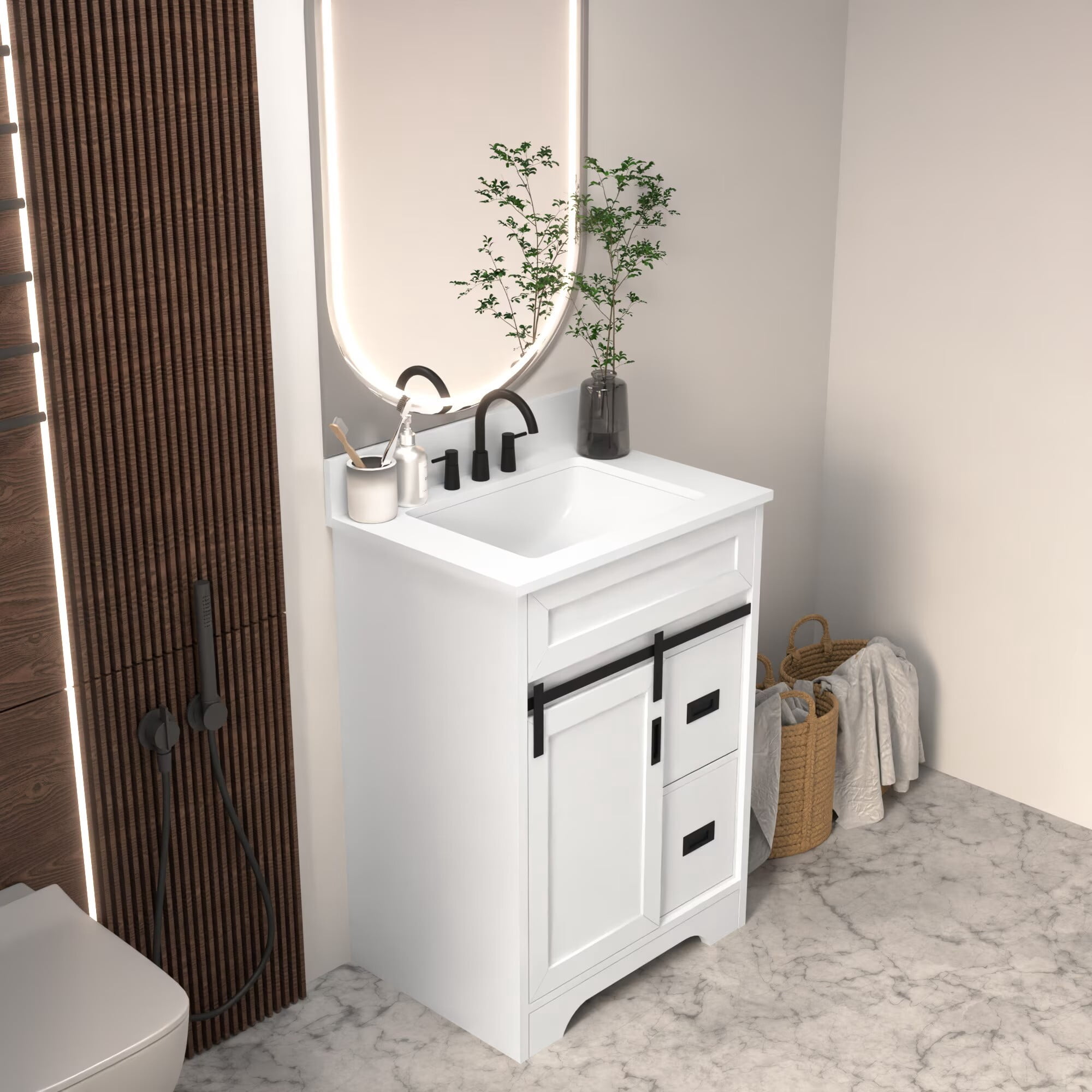 Avobird 24" Farmhouse Bathroom Vanity with Sink, Features a sliding barn door and double drawers, 30"Lx20"Wx34.65"H, White