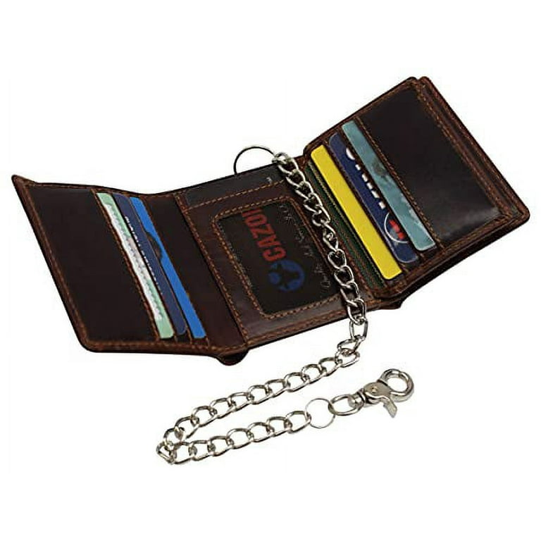 RFID Blocking Men's Classic Biker Chain Trifold Crazy Horse
