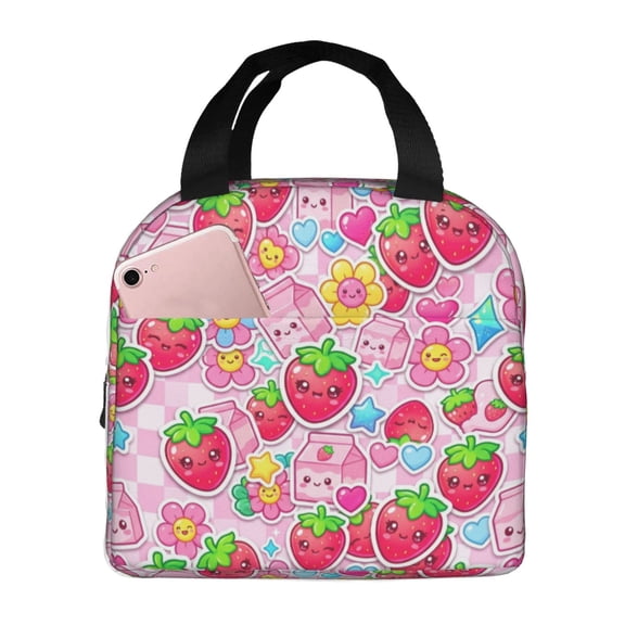 Strawberry Lunch Box, Watercolor Floral Strawberry Design, Insulated Reusable Lunch Tote for Office, Picnic and Daily Use