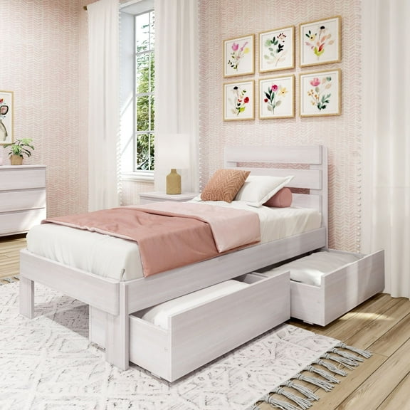 Max & Lily Solid Wood Farmhouse Twin Bed with Plank Headboard and Storage Drawers, White Wash