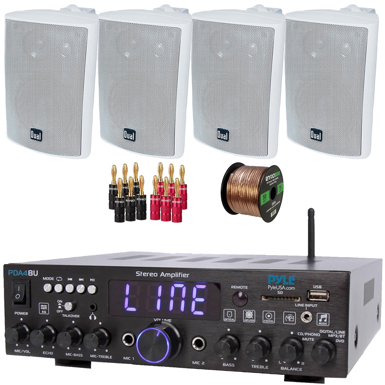 Pyle PDA4BU 200 Watt Wireless Bluetooth Multi-Channel Home Audio Stereo Amplifier Receiver, 4x Dual Electronics LU47PW 4" 200W Max 3-Way Indoor/Outdoor White Speakers, Banana Plugs, Speaker Wire
