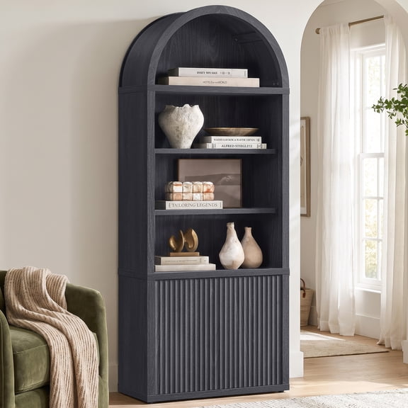 SICOTAS 82.2" Tall Arched Storage Cabinet with Fluted Doors, Large Pantry Cabinet with Adjustable Shelves, Modern 6-Tier Bookcase for Living Room, Home Office, Dining Room, Black Alder