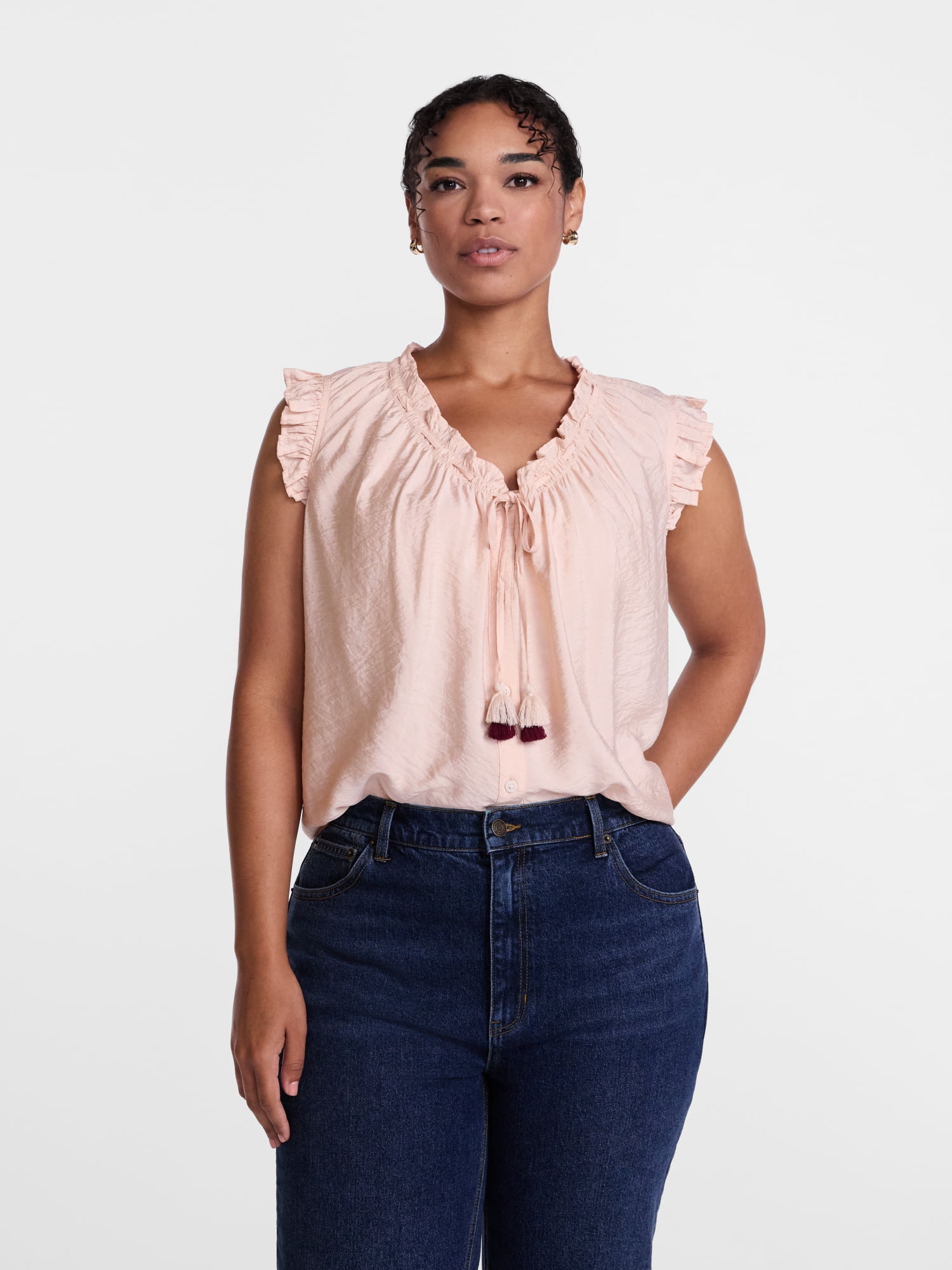 Scenario Women's and Women's Plus Ruffle Neck Tank Top with Tie Front, Sizes XS-4X