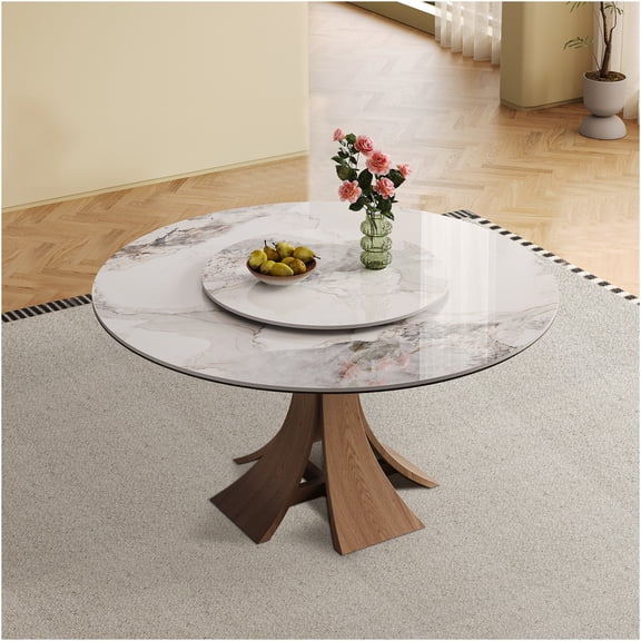 JERFIT 60-inch Round Dining Table with Lazy Susan, White Sintered Stone Top & Walnut Wood Base, Modern Kitchen Table for 6-8 Persons