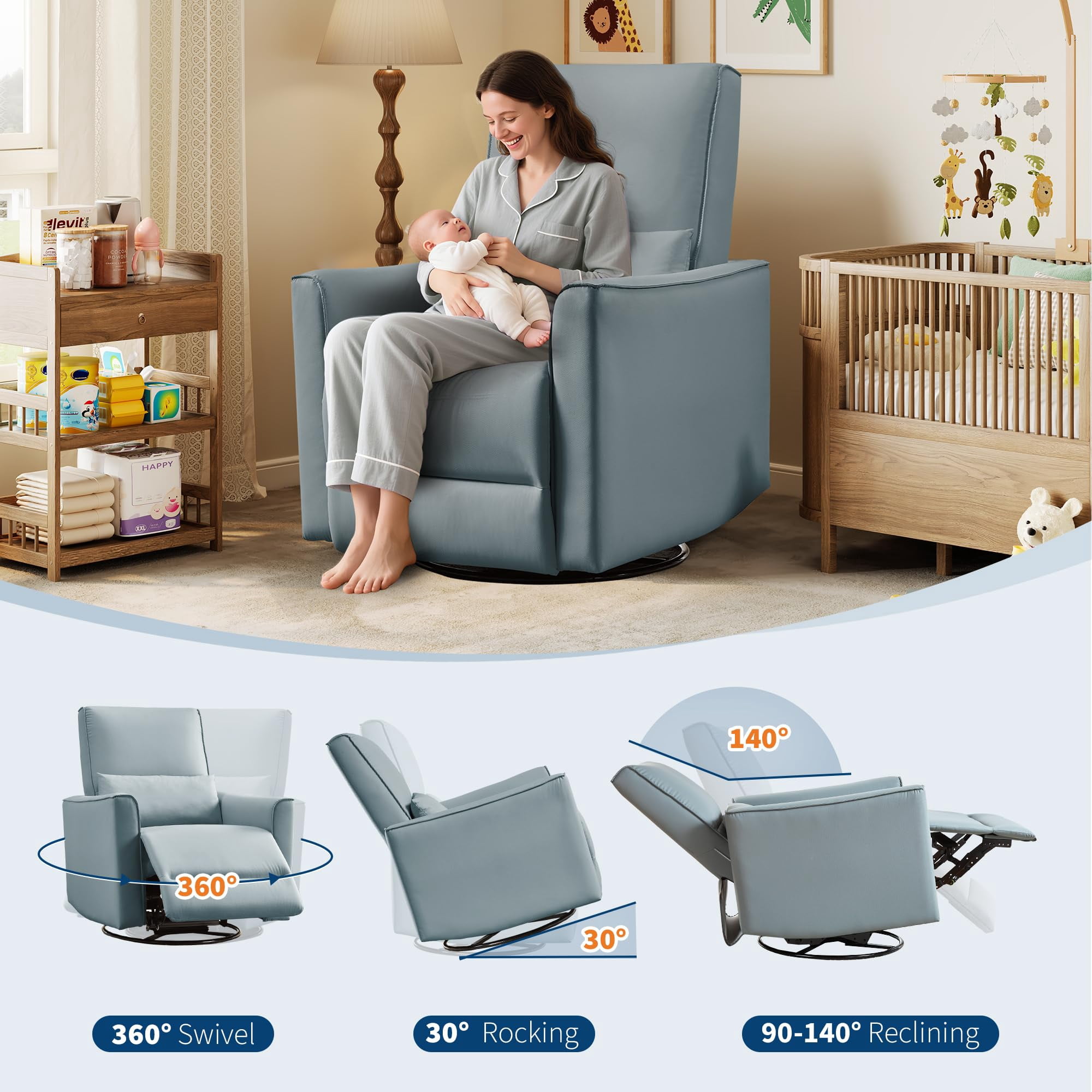 Swivel Rocking Recliner Chair, 360° Leather Recliner with Adjustable Backrest Rocker Recliner Glider Deep Seat PU Leather Sofa Chair with high Backrest for Living Room, Bedroom,Nursery