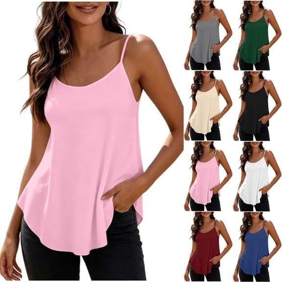 VBVC Women's Adjustable Strap Crew Neck Camisoles , Ladies' Lightweigh Curved Hem Tank Tops , Casual Summer Sleeveless Shirts For Women,Beige,S-2XL