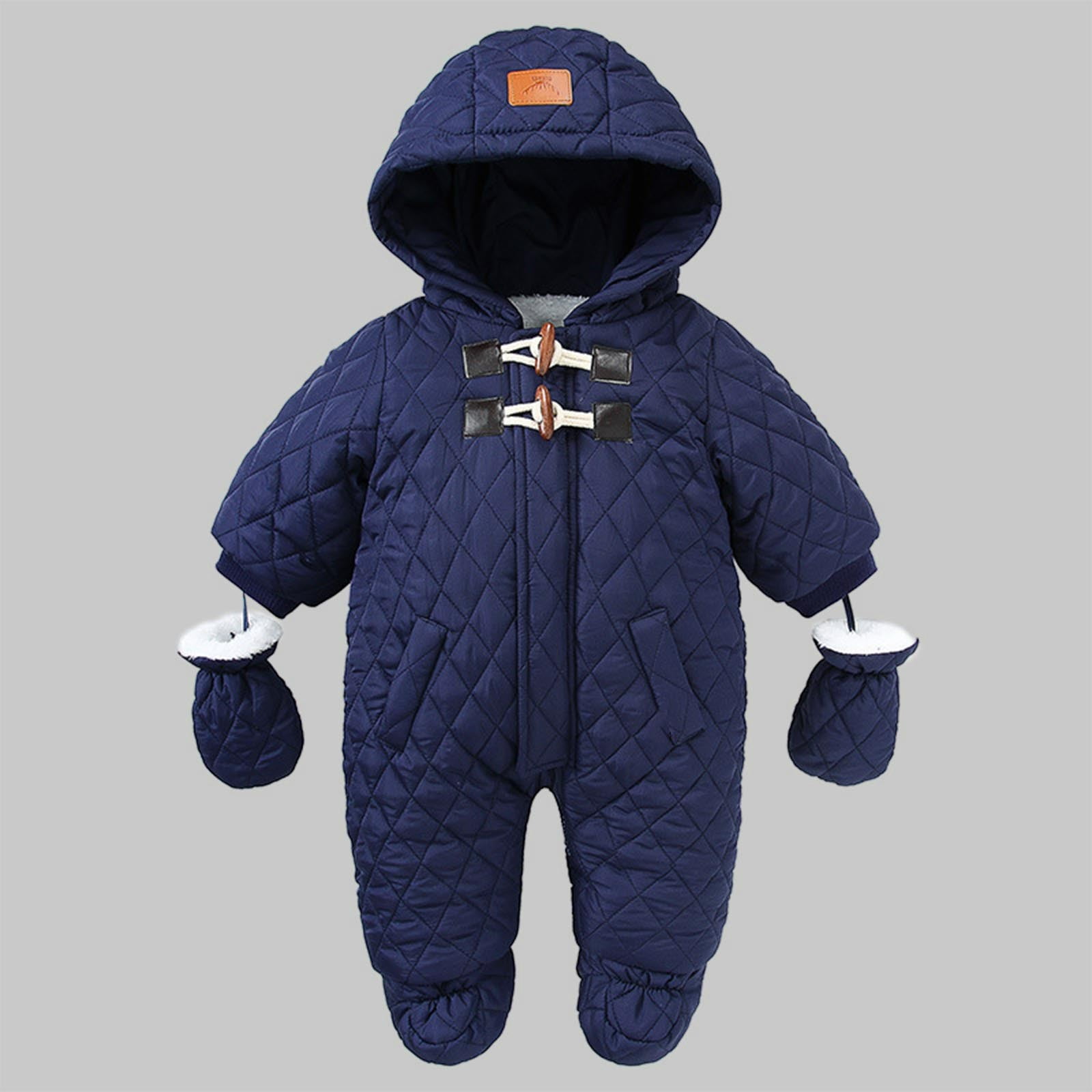 IVEYRTF Kids Plaid Hooded Coverall Winter Warm Padded Footed with Gloves Full Bodywear One-Piece Outfit for Children 6-24 Months(Navy,12 Months)