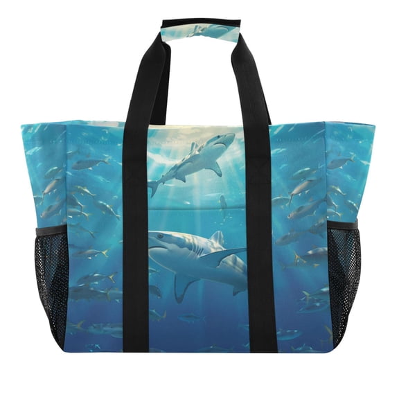 Reusable Grocery Bags with Handle Side Pocket Waterproof Shopping Portable Tote Shark Fish Swimming
