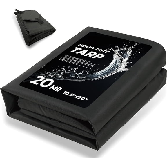 20 Mil Heavy Duty Waterproof Tarp, 10.5x20ft Black Tarpaulin with Reinforced Webbing Loops, Multipurpose Oxford Fabric Tarp for Firewood, Roof, Camping, Pool