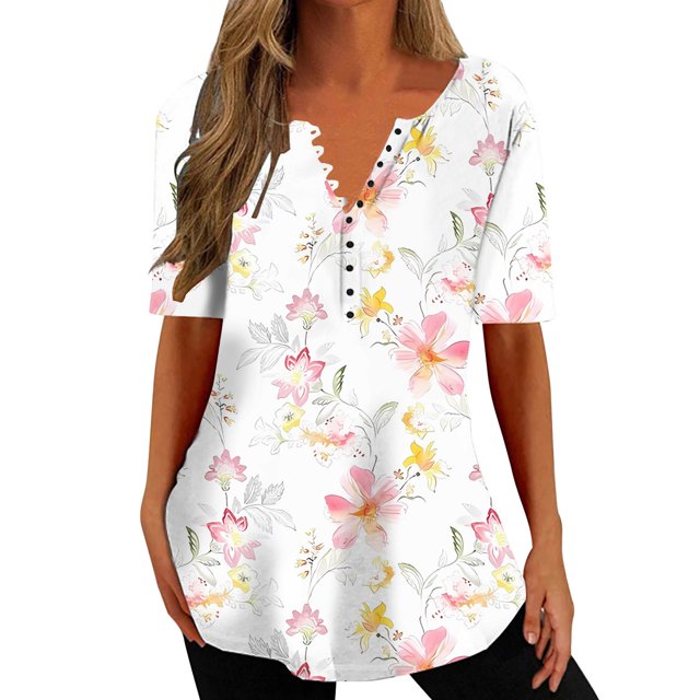 Gibobby Camisetas Mujer Manga Corta Camisas verano para mujer, camisetas manga corta con cuello en V estampado 2023, camisetas con estampado floral, tú(Rosa,CH)