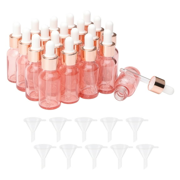 Glass Dropper Bottles, 1/2Oz 15ml 20PCS Pink Glass Sample Dropper Tincture Bottles Vials with Glass Eye Pipette for Essential Oil Perfume Scent Liquid, 10 Funnels Include