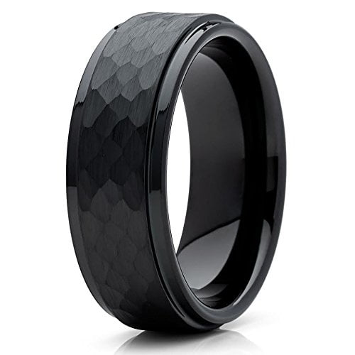 Silly Kings Jewelry 8mm Black Hammered Tungsten Carbide Wedding Band Stepped Edge Mens Comfort Fit Ring 10 (10)