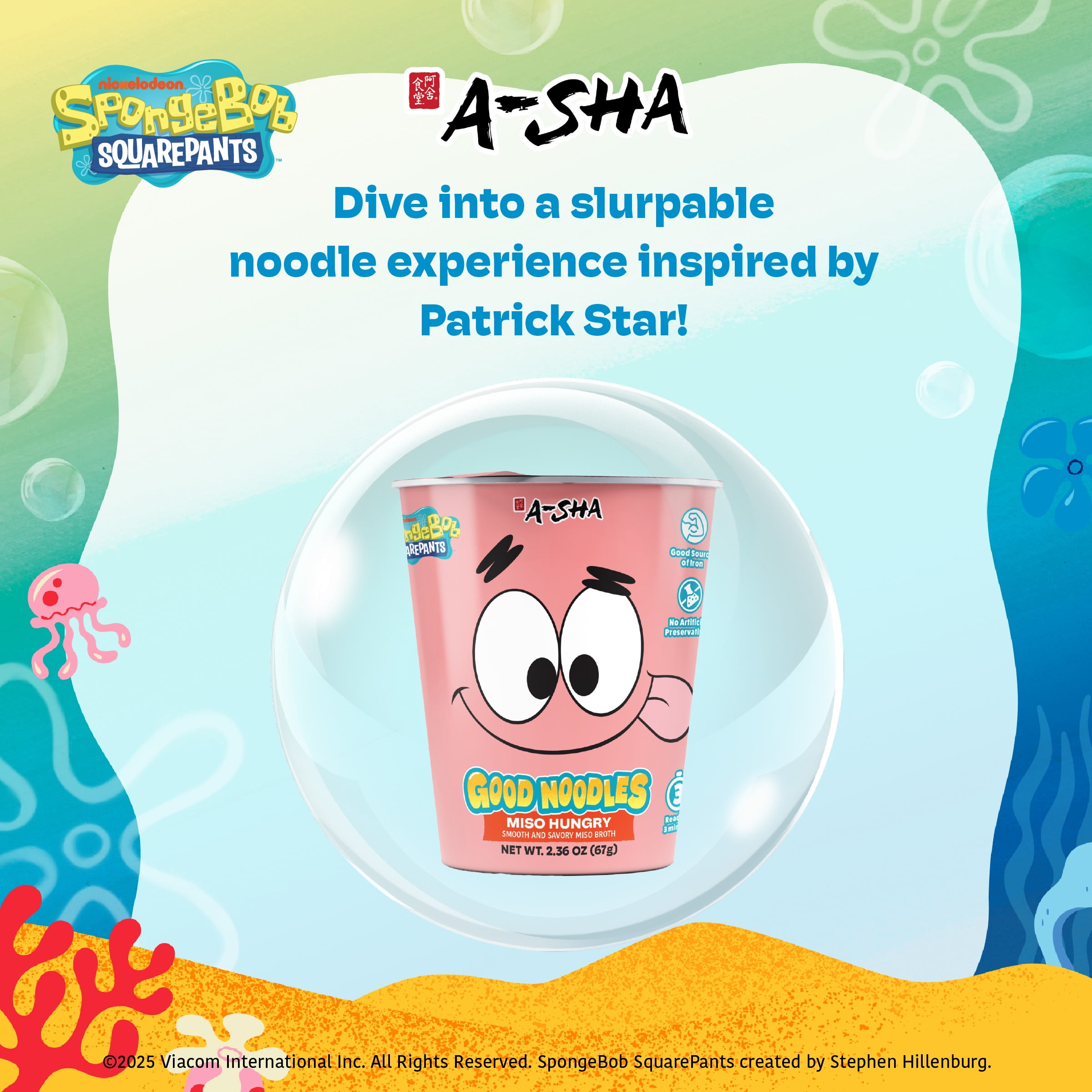 A-Sha & SpongeBob Squarepants Good Noodles (6 Pack) | Patrick Star Miso Hungry Flavor | Better For You Microwaveable Ramen Soup Mix