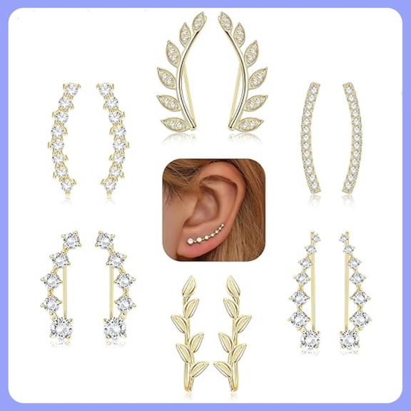 6Pairs Ear Cuffs Climber Hoop Earring CZ Arrow Crawler Stud Earring Jacket for Women