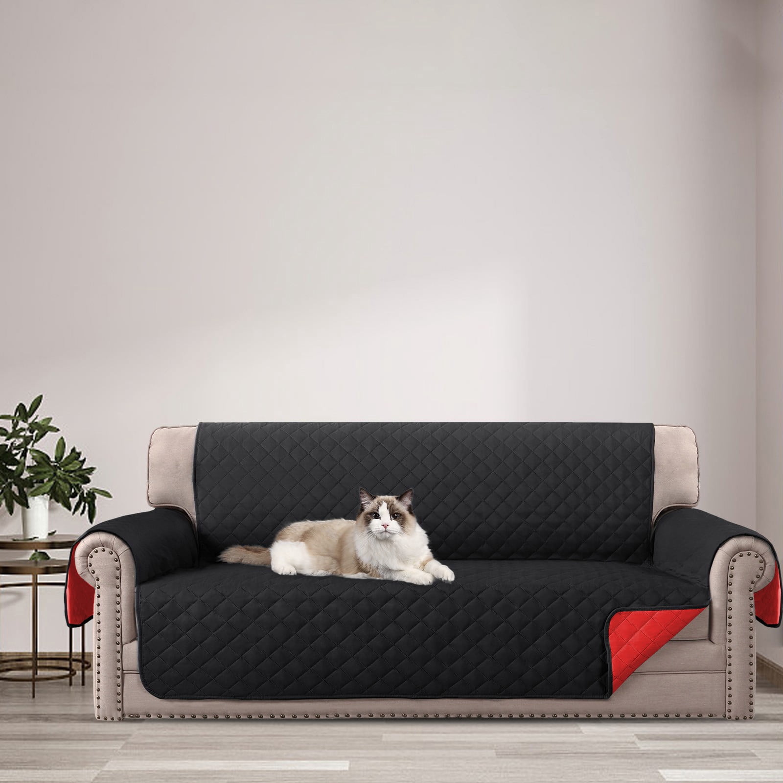 Quilted 3 Seater Sofa Cover Slipcover, Furniture Protector for Couch, Polyester Home Decor (Black)