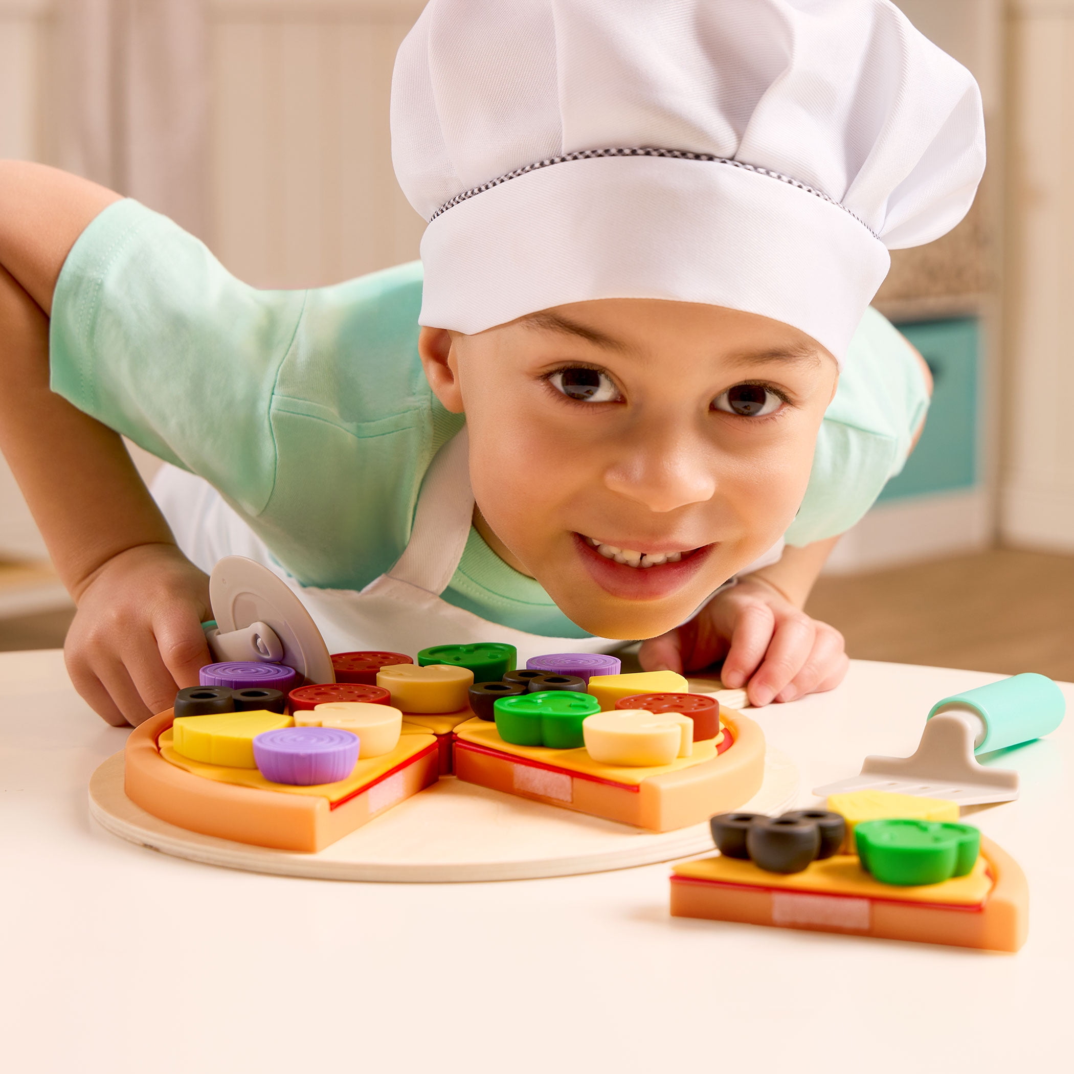 Battat Pizza by The Slice Plastic Set 7 Multicolor Toppings and Wooden Board, Toddler and Preschool Toys