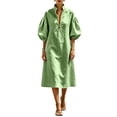 thumbnail image 4 of Stralyhd Womens Dresses Stand Collar Half Front Zipper Balloon Sleeve Midi Dresses 2026 Summer Linen Beach Loose Midi Dress Army Green S, 4 of 4