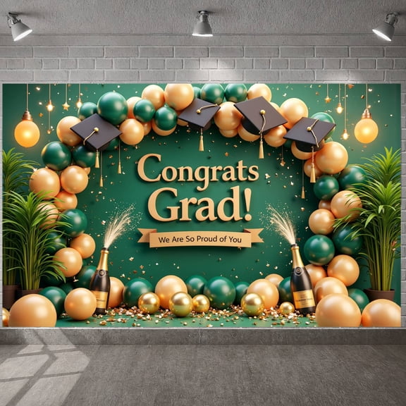 Green & Gold Congrats Grad Banner Graduation Cap Design Grad Party Backdrop Balloon Decor Glitter Accent for Graduation Party College Graduation Indoor Celebration